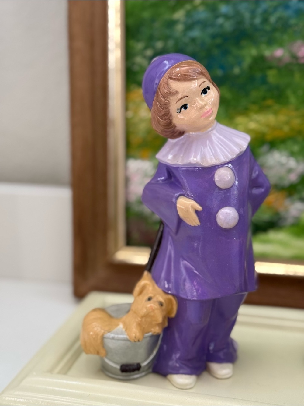 Vintage Byron Molds Purple Porcelain Harlequin Figurine with Dog Accent